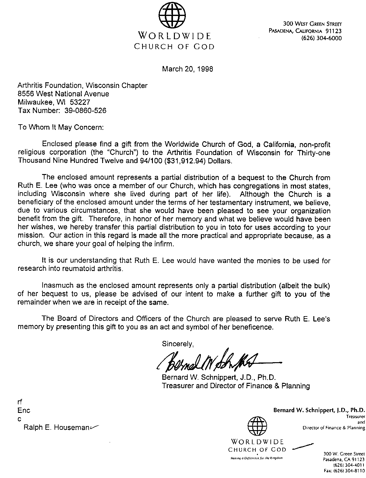 Worldwide Church of God's Letter to The Arthritis Foundation